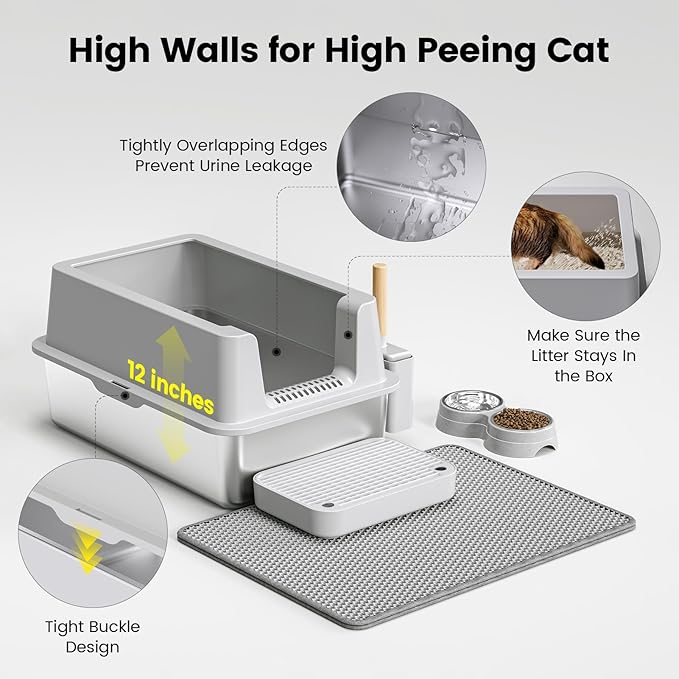 Stainless Steel Cat Litter Box - Enclosed XL Metal Kitty Litter Box with Lid for Big Cats, High Sided, Anti-Leakage, Easy Cleaning, Non-Sticky, Included Litter Mat, Cat Bowl & Spoon