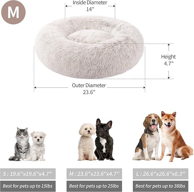 Love's cabin Calming Cat Bed for Indoor Cats,Anti-Anxiety Donut Round Dog Bed,Fluffy Faux Fur Washable Pet Bed for Small Medium Dogs and Cats,Coffee,24in