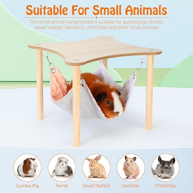 YUEPET Guinea Pig Hammock with Stand, Wooden Guinea Pigs Hideout Soft Ferret Hammock for Cage with Platform for Guinea Pig Ferret Dwarf Rabbit Chinchilla Hamster