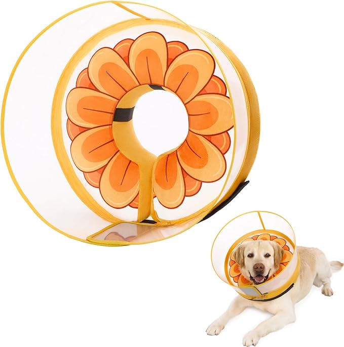 Inflatable Dog Cone Collar with Enhanced Anti-Licking, Soft Neck Donut for Dogs Cats, Recovery Pet Cone Collar After Surgery for Large Medium Small Dogs (Yellow Flower, Large)