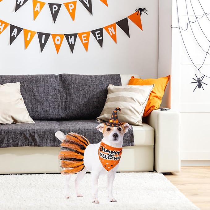 SCENEREAL Small Dog Halloween Costumes, Bandana Hat Dress Set, 3pcs Puppy Party Supplies, Soft Triangle Scarf, Cute Tutu Skirt Outfit for Girl Boy Pet-(Small)