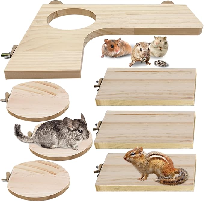 Wooden Chinchilla Cage Platforms Set 7 Pack Wood Shelves for Rat Cage Corner Ledges Small Animal Climbing Steps Standing Board for Juvenile Squirrel Gerbil Accessories
