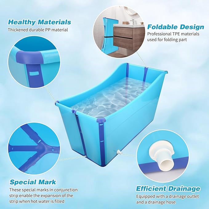 YUEPET Extra Large Foldable Dog Bath Tub for Large Dogs, 49 Gal Portable Dog Bathtub Lightweight Hightened Pet Wash Station with Drain Plug for Big Dogs Indoor/Outdoor Bathing, Camping (Blue)