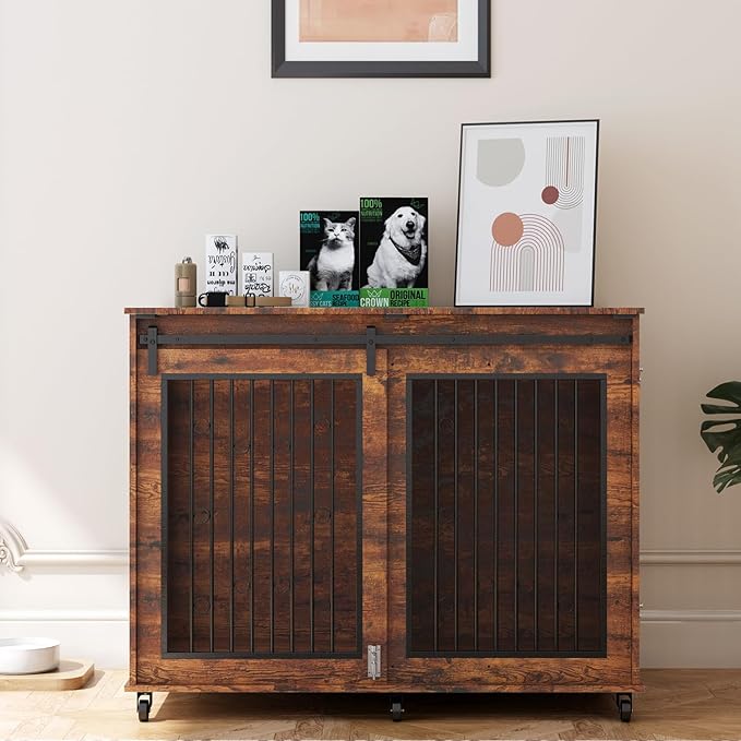 IchbinGo Large Dog Crate Furniture, 47" Wooden Dog Kennel with Sliding Barn Door, Flip-Top Lid & Wheels, Indoor Pet Crate Table with Detachable Divider for Small/Medium/Large Dogs (Rustic Brown)