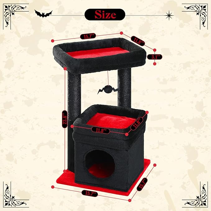 PEQULTI Cat Tree Gothic Cat Tower for Indoor Cats with Private Cozy Cat Condo, Natural Sisal Scratching Posts and Plush Pom-pom for Small Cats Black