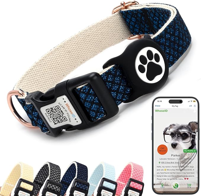 Dog Collar with Waterproof AirTag Holder & Anti-Lost QR Code, Cute Bling Warpping Adjustable Width for Small Medium Large Pet (Blue, M)