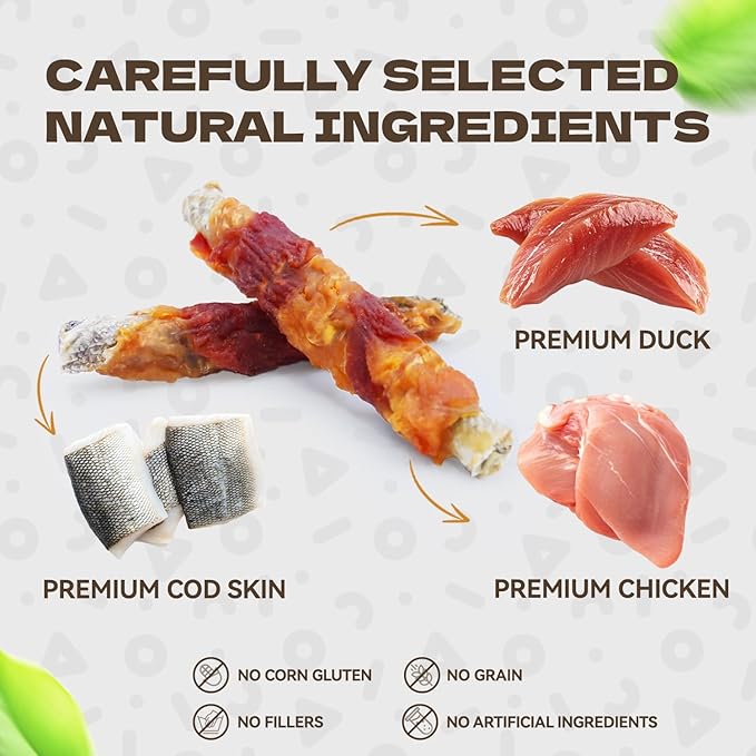 Chicken Duck Wrapped Cod Skin Sticks Dog Treats, Rawhide Free Dog Chews Long Lasting HealthTeeth Training Treats for Medium and Large Breed 10.58oz/12-14pcs