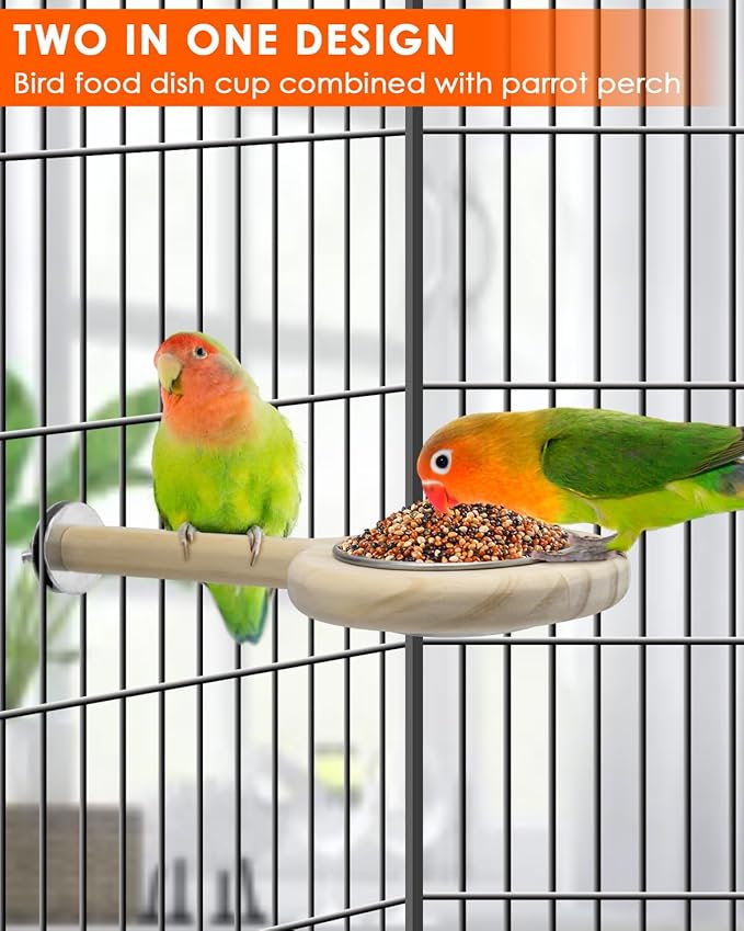 KATUMO Bird Perch Feeding Cup Birds Platform Parrot Wood Perch Stand Toy Cage Accessory for Parakeet Lovebird Cockatiel Conure Budgie Small Parrots (L Perch (Pack of 2))