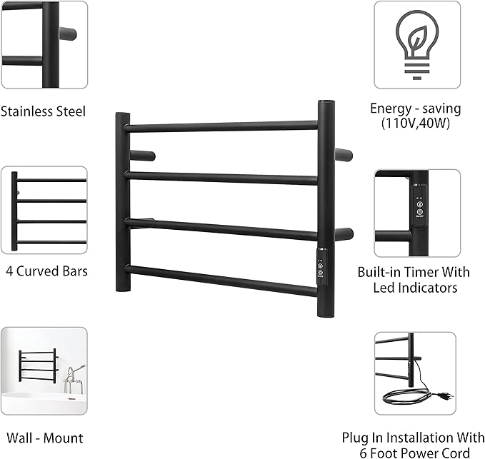 KEG Towel Warmer Wall Mounted with Built-in Timer 4 Bars Electric Stainless Steel Heated Towel Racks for Bathroom, Hot Plug-in Bath Towel Heater Matte Black