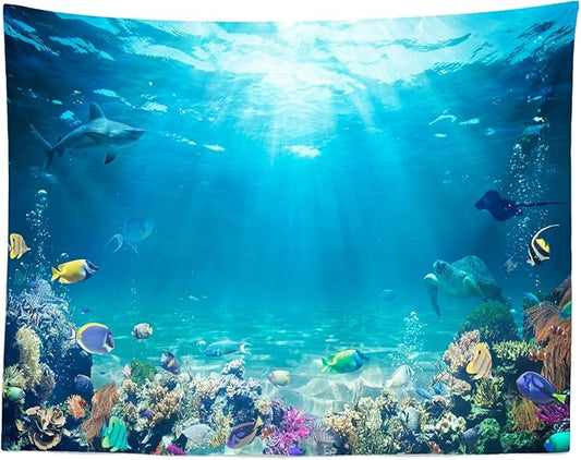 Underwater World Tapestry Blue Ocean Wall Hanging Under the Sea Coral Reef Wall Tapestry Tropical Fish Tank Undersea Tapestries Marine Wall Art for Bedroom Living Room Dorm Decor 118''x98''