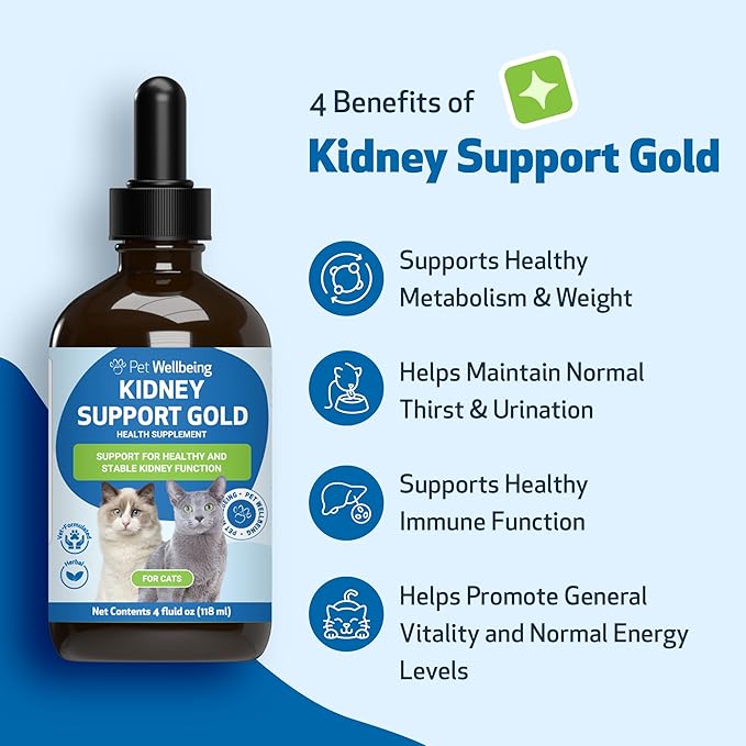 Pet Wellbeing Kidney Support Gold for Cats - Supports Healthy Kidney Function, Fluid Balance, Energy Levels, Rehmannia, Dong Quai - Veterinarian-Formulated Herbal Supplement 4 oz (118 ml)