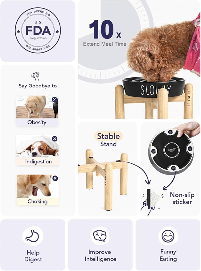 Ceramic Slow Feeder Bowl Elevated - 1.5 Cup with Wood Stand for Small & Medium Breed, Anti-Gulping, Black