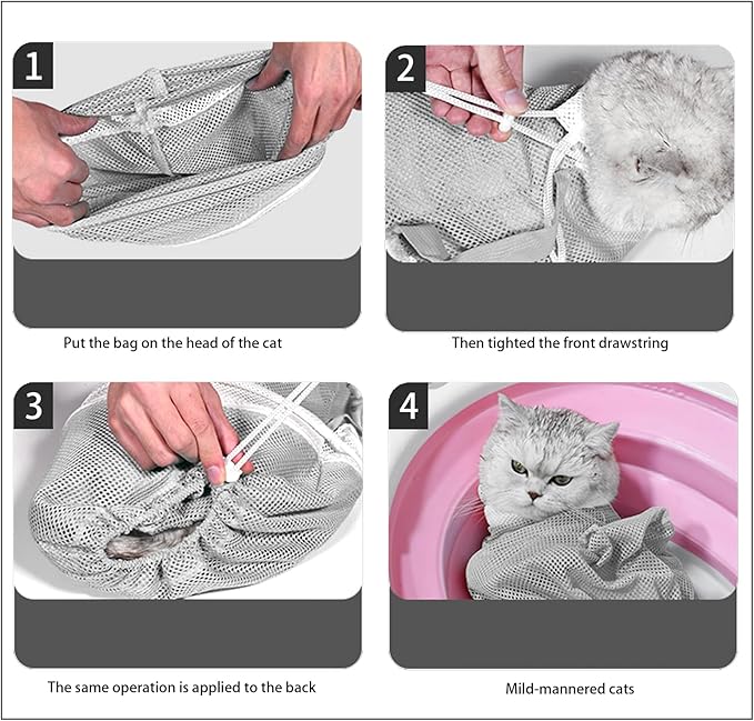 8 Piece Cat Grooming Supplies ，Adjustable Multifunctional Anti-Bite Shower net Bag，Cat Claw Covers，Cat Bath Brush and Cat Nail Clipper(Grey-B)