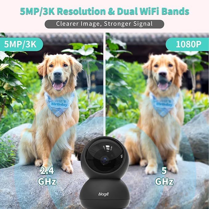 Alaga 3K Pet Camera, Dog Monitor with Phone App, 360° Pan/Tilt, Night Vision, Speaker, WiFi Cameras for Dog/Cat, Compatible with Alexa & Google Assistant, Black, Includes 1-Year Pet Time Album