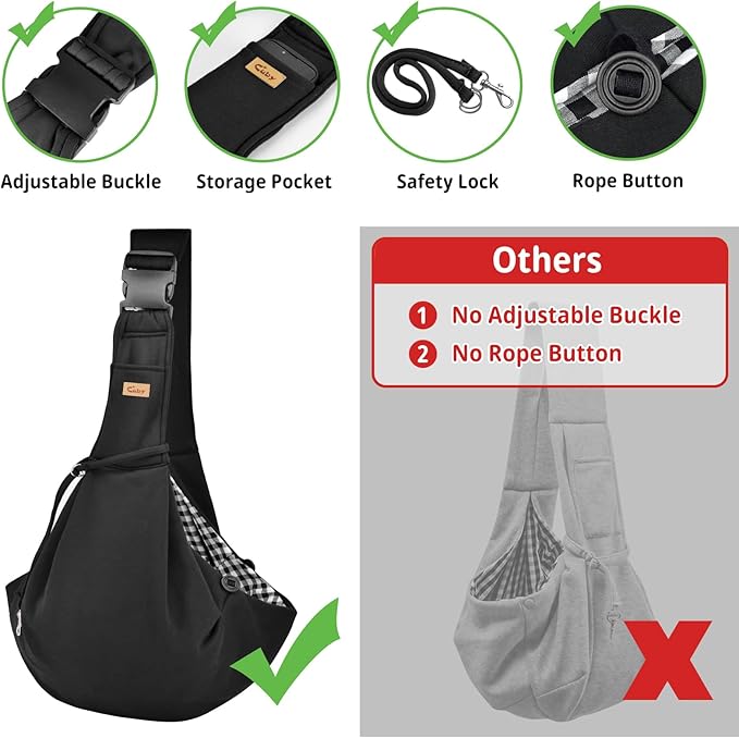 CUBY Dog and Cat Sling Carrier, Hand-Free Dog Carrier Slings with Adjustable Straps Pocker, Puppy Slings Carrier for Small Dogs Cats Outdoor Travel Bag(Black, M-Adjustable Strap)