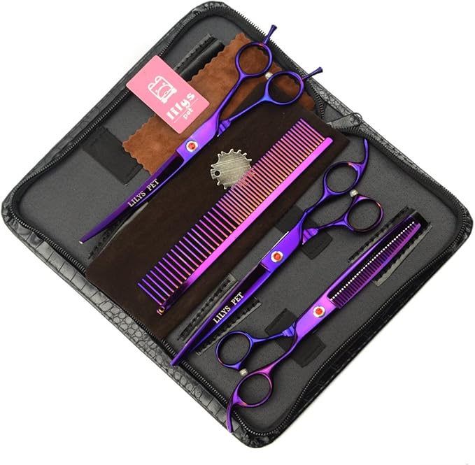 LILYS PET Professional PET Grooming Scissors Kit,Coated Titanium,Sharp and Strong Stainless Steel Blade for Dogs Cats Hair Cutting,3 Pieces of Scissors with a Comb and a Case (7.0 inches, Purple)