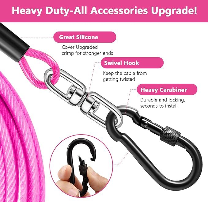 Dog Tie Out Cable 15FT-500Lbs,Heavy Duty Dog Leads&Tether for Yard with Swivel Hook,Small Large Dogs Leash Line for Outside,Rust Chew Proof Dogs Run Cable for Outdoor Camping (Pink, 15FT)