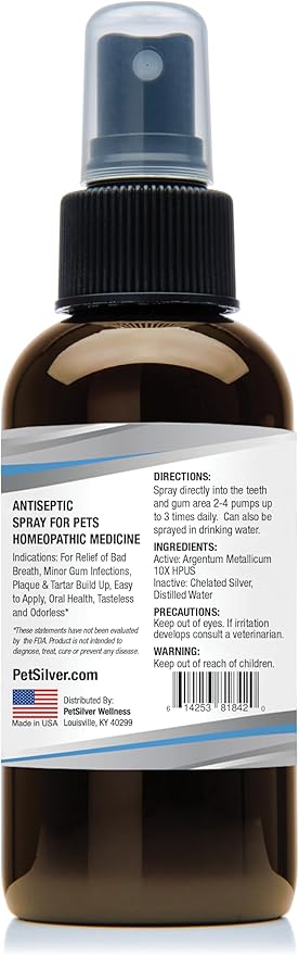 PetSilver Teeth & Gum Spray - Dog Dental & Teeth Cleaning Spray for Plaque & Tartar Build-Up Reduction - Natural Breath Freshener for Dogs and Cats - Patented Chelated Silver - Made in The USA - 4 oz