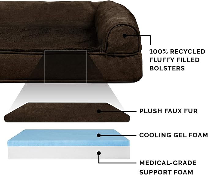 Furhaven Cooling Gel Dog Bed for Large Dogs w/ Removable Bolsters & Washable Cover, For Dogs Up to 125 lbs - Plush & Suede Sofa - Espresso, Jumbo Plus/XXL
