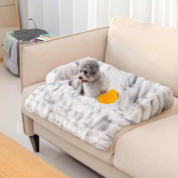 FUNNY FUZZY Pet Fluffy Fuzzy Couch Cover, Calming Washable Dog Bed Sofa Protector Pets Mat for Small Dogs and Cats (Tie-dye Grey,27.56 × 24.02 × 5.51 in)