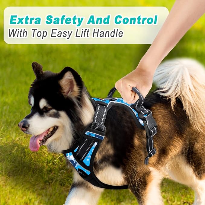 BARKBAY No Pull Dog Harness Large Step in Reflective Dog Harness with Front Clip and Easy Control Handle for Walking Training Running(Blue camo,M)