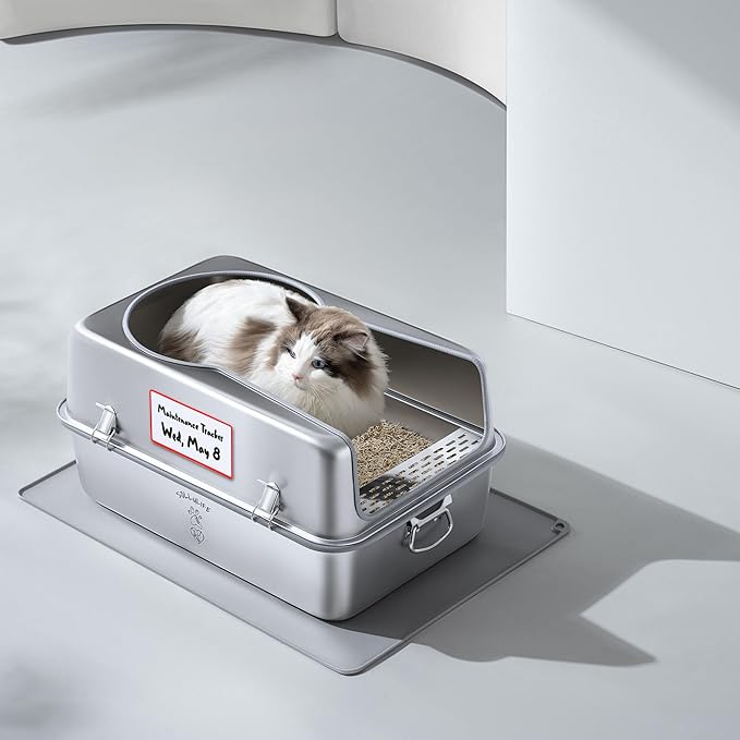 XL Metal Cat Litter Box with Lid – Non-Stick, Odor Control, Stainless Steel, Rust-Resistant, High-Sided – Easy to Clean with Handles, No-Slip Base, Leak-Proof Seal, 5 Clips, Cleaning Tracker