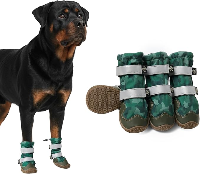 Spark Paws Dog Shoes, Waterproof Dog Boots for Medium to Large Dogs, Non Slip, Breathable Dog Booties and Paw Protectors - 4PCS Doggie Hiking Boots with Reflective Straps, Gray Camo, Size 8