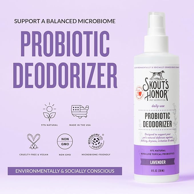 SKOUT'S HONOR Pet Probiotic Deodorizer Spray- Hydrating Daily-Use with Avocado Oil & Omega-3s, Microbiome Friendly Certified, Paraben & Sulfate-Free, 97% Natural, 8oz, Lavender, 2-Pack