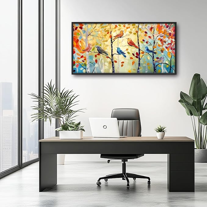 Extra Large Framed Abstract Bird Forest Wall Art,Colorful Birds Birch Tree Wall Decor Pictures for Living Room,Canvas Print Painting Modern Artwork Bedroom Office Bathroom Home Decor 60L x 30W