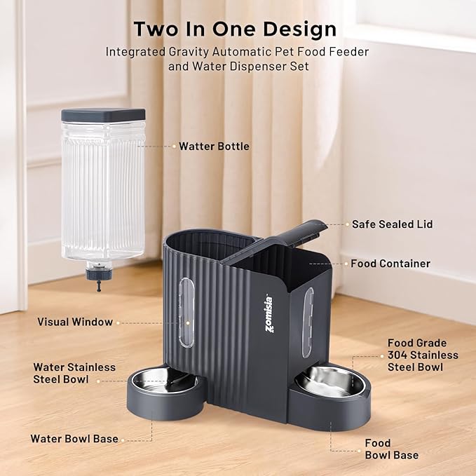 Gravity Cat Feeder and Water Dispenser with 304 Stainless Steel Bowls, 2 in 1 Automatic Cat Feeder with 180 Degree Rotatable Water Bowl, Large Capacity for Puppy Kitten Rabbits, Grey