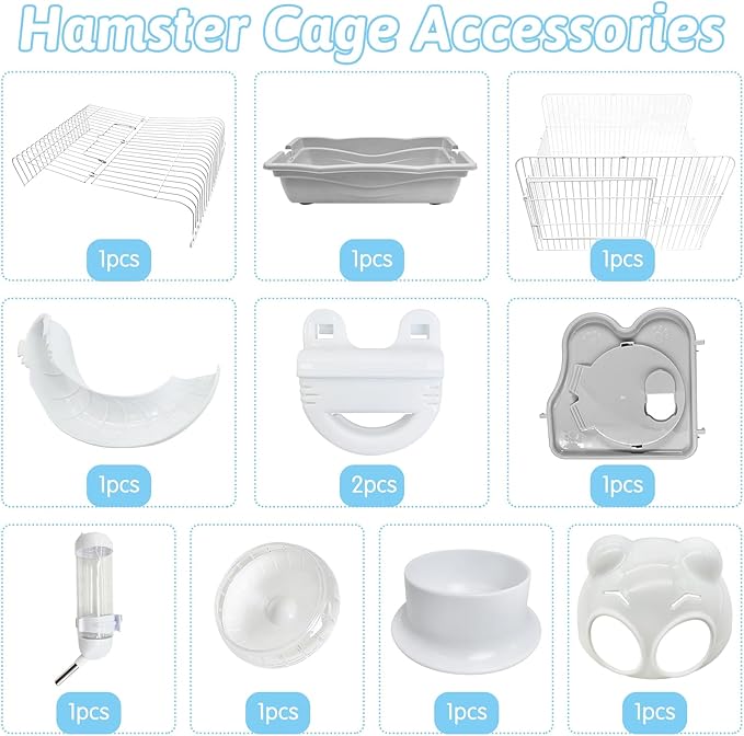 PINVNBY Dwarf Hamster Cage, Small Animal Cages, 2-Tier Travel Portable Mouse Cage Hamster Carrier with Castle House Running Exercise Wheels, Water Bottle and Food Dis（Gray）