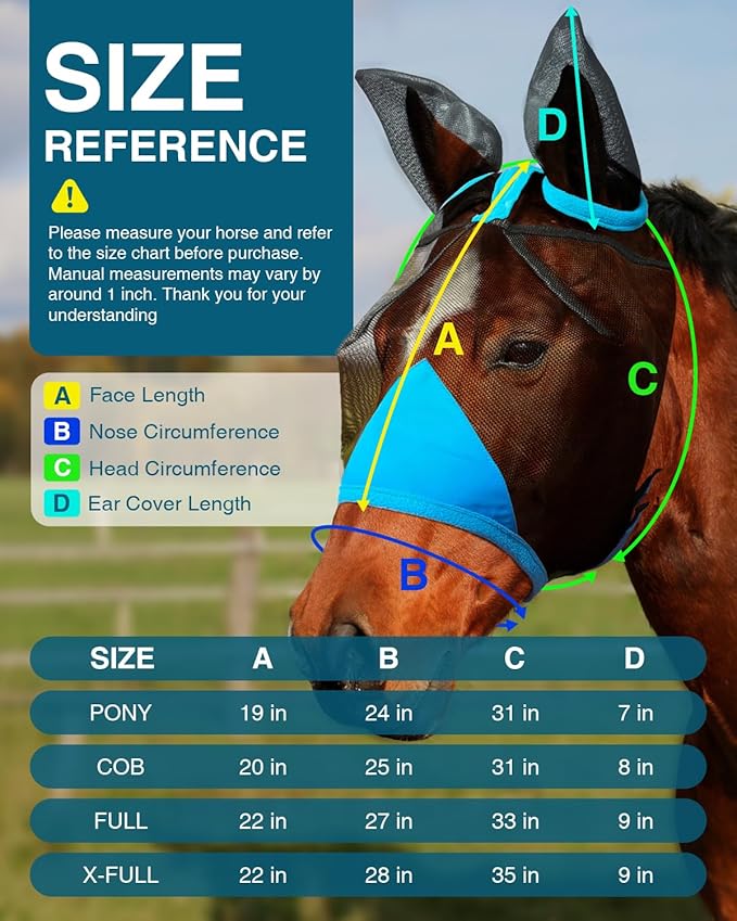 Hilltown Adjustable Fly Mask for Horse with Ears - UV-Block, Large Eye Space, Breathable, Built to Last, Comfort Fit - Horse Fly Mask for Daily Stable, Hot Weather Riding & Competition - Full, Blue