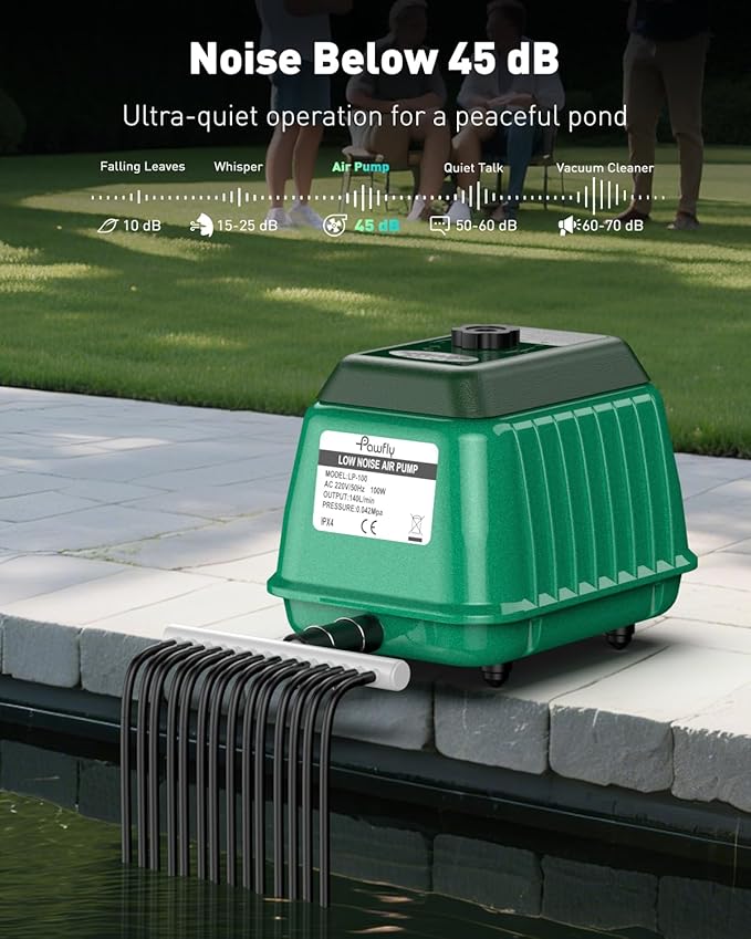 Pawfly Pond Air Pump Outdoor Oxygen Pump for Fish Koi Ponds 3000 to 10000 Gallons Adjustable Pond Garden Aerator Pump Kit with Airline Tubing Control Lever Valves Air Stones and Check Valves