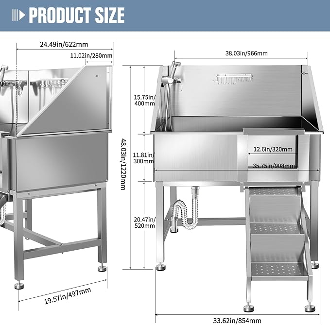 38" Pet Dog Bathing Station W/Stairs, Professional Stainless Steel Dog Grooming Tub W/Soap Box, Faucet,Rich Accessory, Dog Bathtub for Large,Medium,Small Pets, Washing Sink for Home,R-RAMP