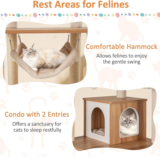 PETSITE 68 Inch Modern Tall Cat Tree for Indoor Cats, Multi-Level Wooden Cat Tree Tower with Sisal Scratching Posts, 3 Top Perches, Cat Condo, Comfy Hammock, Sisal Ramp, and Jingling Balls