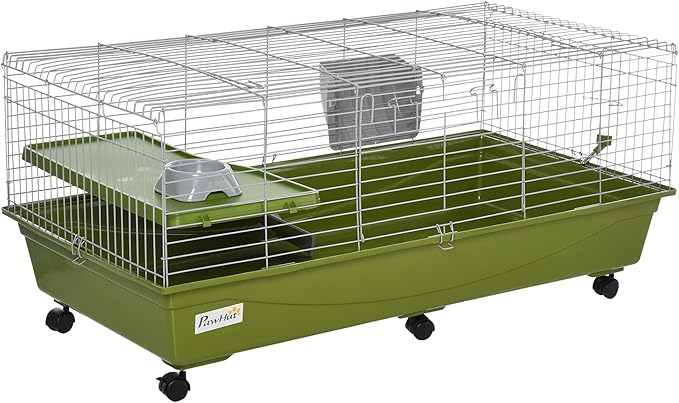 PawHut 47" L Small Animal Cage, Rolling Bunny Cage, Guinea Pig Cage with Food Dish, Water Bottle, Hay Feeder, Platform, Ramp for Chinchilla, Green