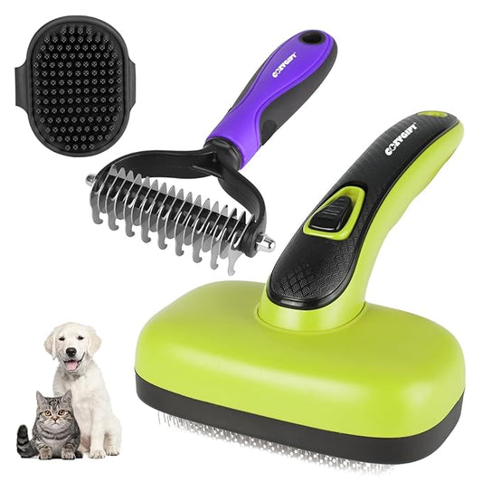 Dog Brush Kit – 3 PCS Grooming Set with Self-Cleaning Brush, Undercoat Rake & Pet Bath Brush. Great for Shedding, Tangles & Dirt Removal – Ideal for Long & Short Haired Dogs & Cats, Green