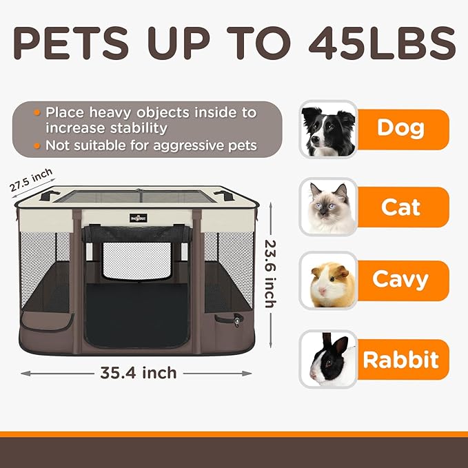 Foldable Pet Kitten Playpen, Upgrade Waterproof Portable Cat Dog Playpen Kennel Tent for Small Dog Cat, Removable Shade Cover, Come with Free Carrying Case, Indoor Outdoor Use for Small Pet, Brown