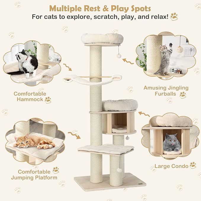 Tangkula Modern Cat Tree, Multi-Level Large Cat Tower with Condo, Hammocks & Hanging Basket, Tall Cat Tree with Sisal Posts, Washable Cushions, Wood Cat Trees and Towers for Indoor Large Cats