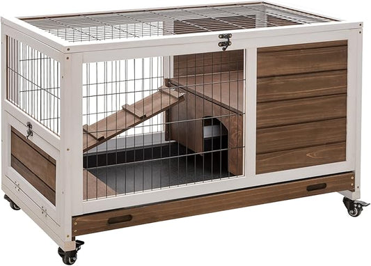 PawHut Wooden Rabbit Hutch Indoor Outdoor, Elevated Bunny Cage with No Leak Tray Enclosed Run with Wheels, Ideal for Guinea Pigs and Small Animals, Brown