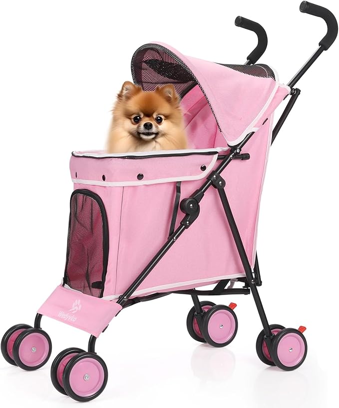 Umbrella Dog Stroller, 4 Wheels Pet Strolling, Foldable Carrier Pet Stroller for Small Dogs Cats, with Carrying Strap and Cup Holder, Dog Poop Bags & Dispenser, Up to 33 lbs, Pink