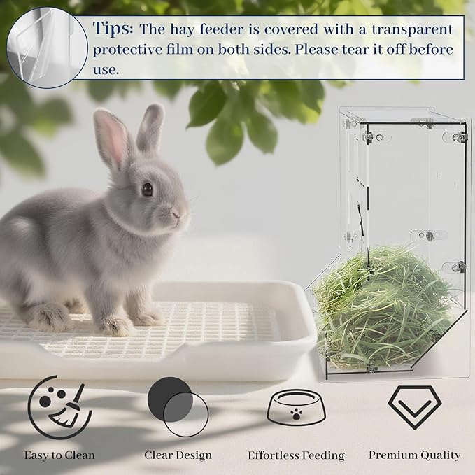 Acrylic Rabbit Hay Feeder with Lid, Transparent Hanging Food Dispenser Hay Feeder for Bunny Rabbits Guinea Pig Cage Chinchillas Hamsters Small Pets and Animals（Large