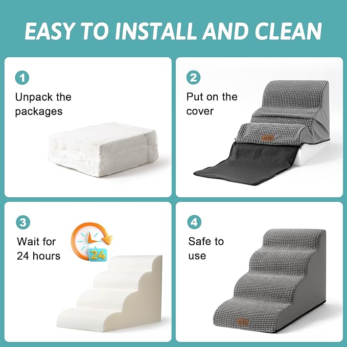 Dog Stairs for Small Dogs 15.7" H, Curved Dog Step for Puppy, Older Cat, Medium Pet Ramp for Sofa, Couch or Chair, Ladder with High Density Foam, 15.7x22.4x15.7 inch, 3 Step, Light Grey