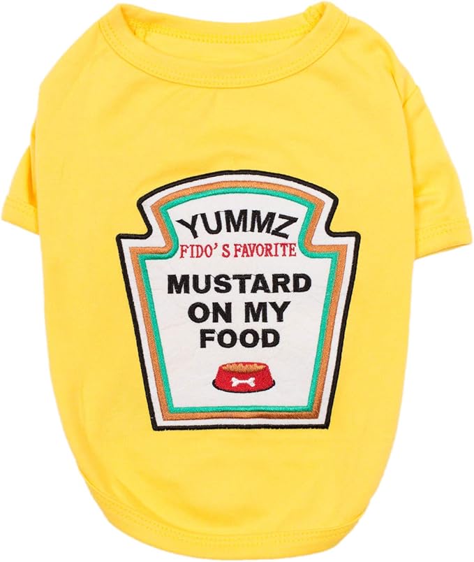 Parisian Pet Dog Shirt - Embroidered “Mustard on My Food“ - 100% Cotton and Polyester Dog Clothes - Sleeved, Lightweight Costume for Dogs - Yellow Dog Shirts for Large Dogs - Pet Costumes - 3XL