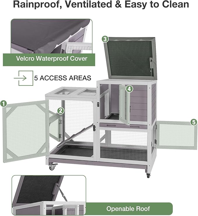 Rabbit Hutch 2-Story Wooden Bunny Cage with 2 Leak-Proof Sliding Trays, Chew-Proof Metal Mesh, Rainproof Cover, Indoor & Outdoor Guinea Pig House with Wheels - Grey