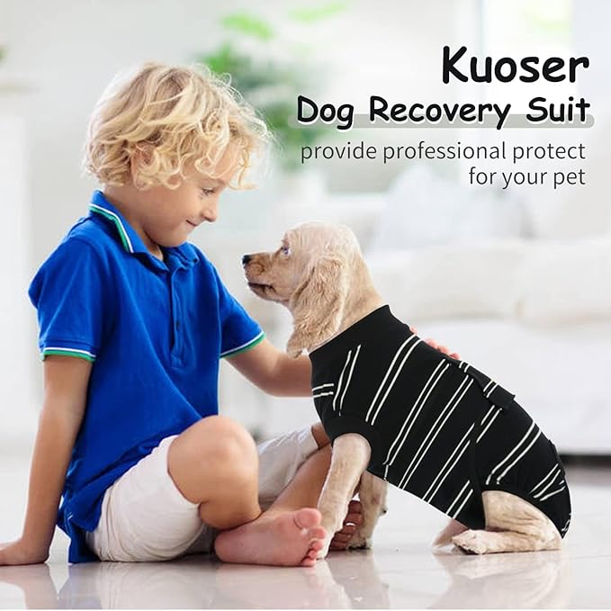 Kuoser Dog Surgery Recovery Suit for Female Male Dogs, Stripes Spay Neuter Anti-Licking Dog Onesie, Surgical Suit Snugly Pet Post Surgery Vest Bodysuit for Abdominal Wounds Skin Disease, Black S