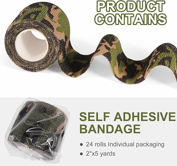 24 Pack Camo Self Adhesive Wrap, 2” x 5 Yards Vet Wrap Cohesive Camo Grip Tape Medical Wrap Self Adherent for Ankle, Wrist Sprains, Pet First Aid