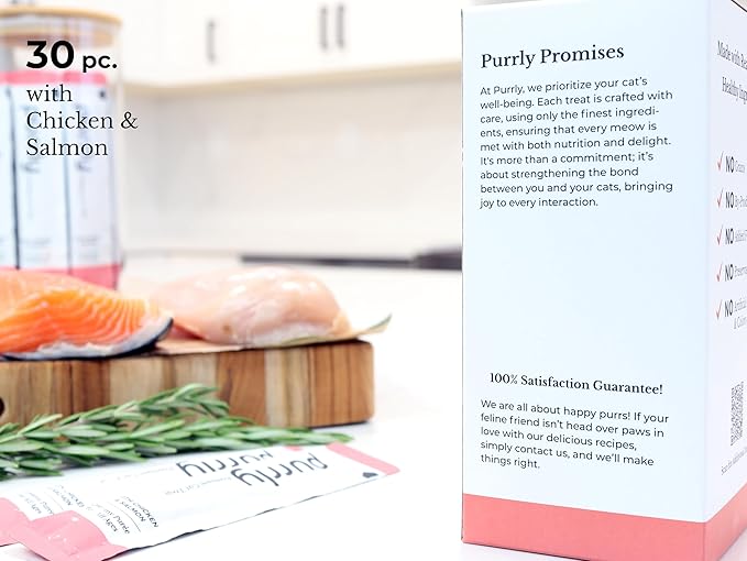 Purrly Hydrating Wet Cat Treat Snack Topper Creamy Purée Human-Grade Chicken Breast & Salmon with Omega-3 & 6 for Skin & Coat (30 Count) Healthy Lickable Squeeze Soft Snack