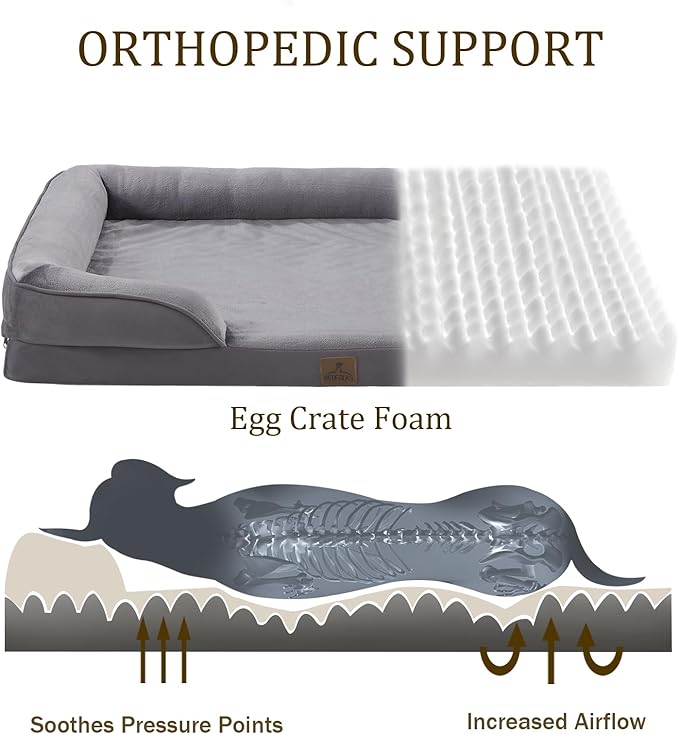 Bedfolks Orthopedic Dog Bed, Big Waterproof Dog Sofa Bed for Large Dogs, Egg Foam Pet Couch Bed with Removable Washable Cover and Nonslip Bottom, Dark Grey