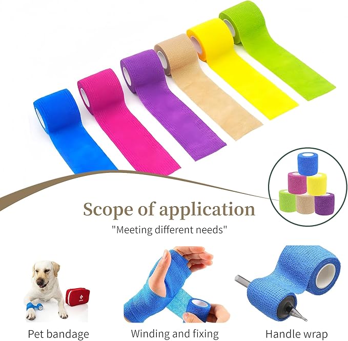 Pet Bandage 6 Rolls, Adhesive Bandage, Self Adhesive Bandage, First Aid Adhesive Gauze, for Horses, Dogs,Cats, Birds, Animals, (Solid Colors, 2 Inch (Pack of 6))